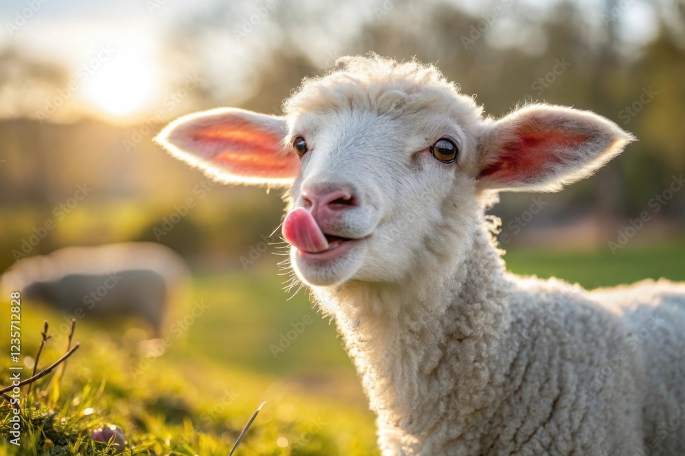 Fototapeta premium A charming lamb with a fluffy white coat and pink ears playfully sticks out its tongue in a close-up shot.