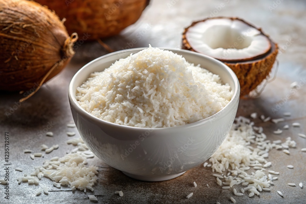 Dehydrated coconut, elegantly arranged. Documentary-style, minimalist approach. Dehydrated coconut, elegantly arranged. Documentary-style, minimalist approach.