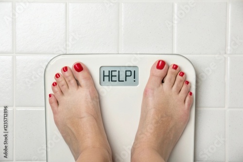 A woman's feet on a bathroom scale displaying 