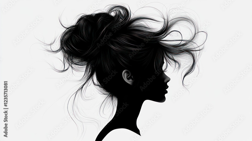 Naklejka premium A striking female silhouette emerges with voluminous hair, capturing the essence of confidence and strength, symbolic of women's beauty and empowerment