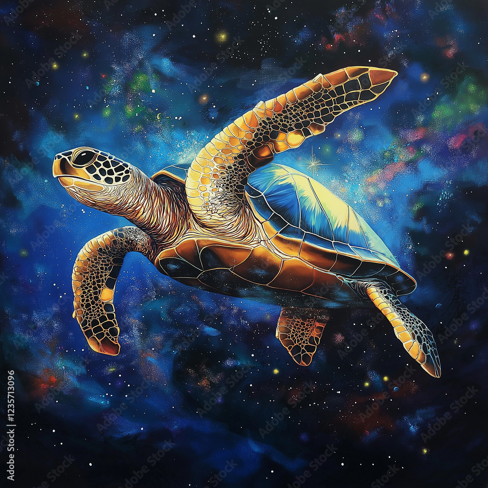 Obraz premium Turtle Swimming in a Cosmic Night Sky 