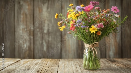 Wallpaper Mural Vibrant wildflower bouquet arrangement rustic wooden table floral photography natural indoor setting close-up perspective Torontodigital.ca