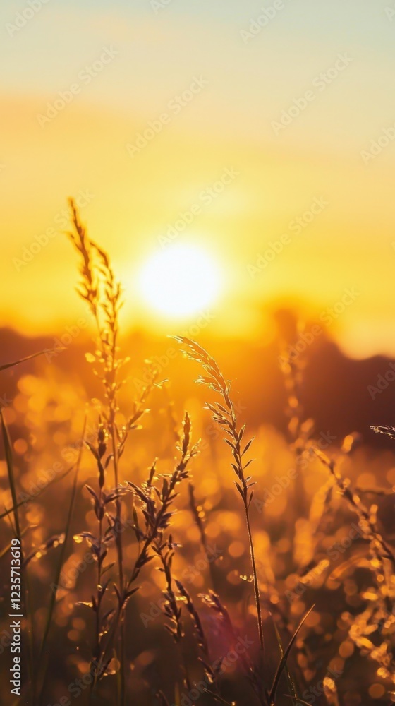 Obraz premium Golden Sunset Over Fields with Silhouetted Grass Blades