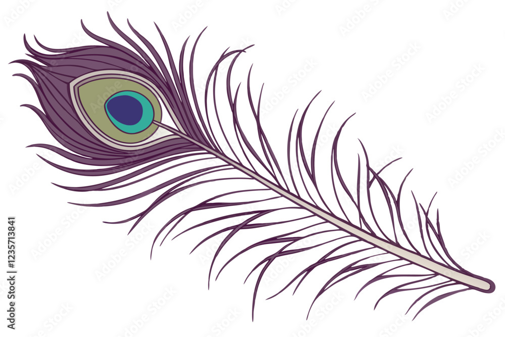 Obraz premium Photorealistic peacock feather, intricate detail, iridescent colors, purple plume, green and blue eyespot, golden brown accents, single feather, white background, high contrast, macro photography, stu