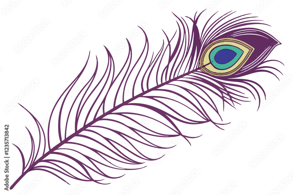 Obraz premium Photorealistic peacock feather, intricate detail, iridescent colors, purple plume, green and blue eyespot, golden brown accents, single feather, white background, high contrast, macro photography, stu