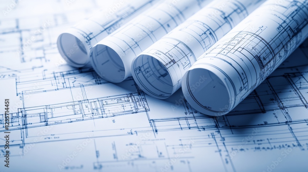 A collection of architectural plans. These plans are rolled up and unrolled, showing lines, shapes and descriptions. Details. A collection of architectural plans. These plans are rolled up and unrolled, showing lines, shapes and descriptions. Details.