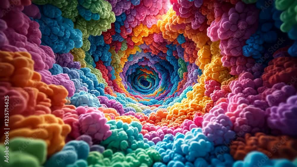 Colorful spiral tunnel with vibrant clouds creating a hypnotic vortex effect in motion