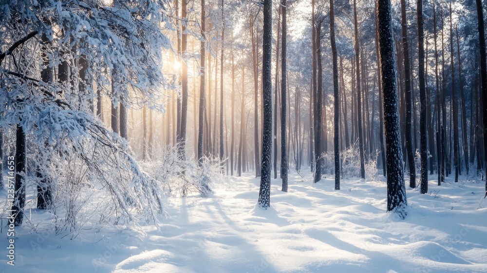 Obraz premium Snowy Winter Forest with Sunlight Streaming Through Trees