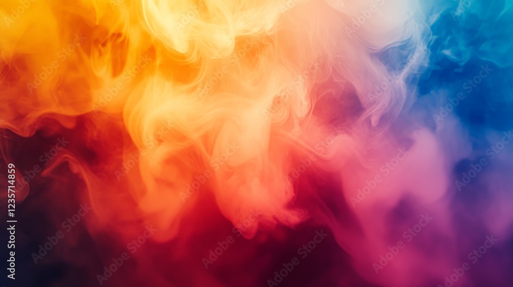 Background of swirling smoke and fog in red, yellow, orange, blue colors. Abstract, cinematic, atmospheric.Wallpaper background. Background of swirling smoke and fog in red, yellow, orange, blue colors. Abstract, cinematic, atmospheric.Wallpaper background.