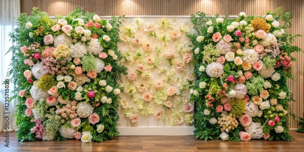 Fototapeta premium Elegant floral arrangement backdrop , realistic floral wall, decorative flower arrangement
