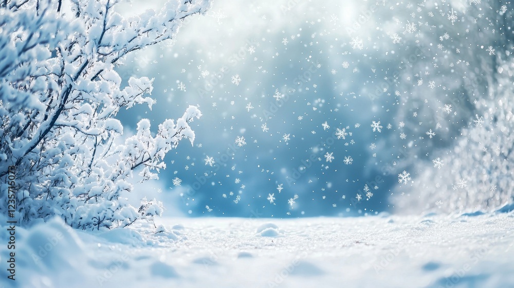 Tranquil Winter Scene with Snowflakes and Frosty Trees in Nature Tranquil Winter Scene with Snowflakes and Frosty Trees in Nature