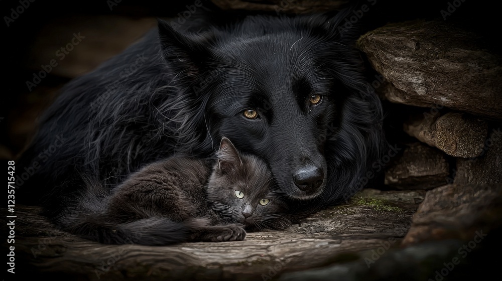 Fototapeta premium Affectionate Dog and Cat Snuggling Together in Serene Setting