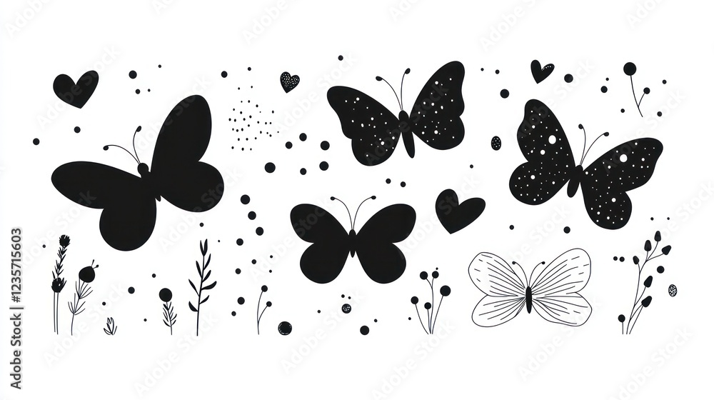 Monochrome butterfly pattern, floral design, nature background, print design Monochrome butterfly pattern, floral design, nature background, print design