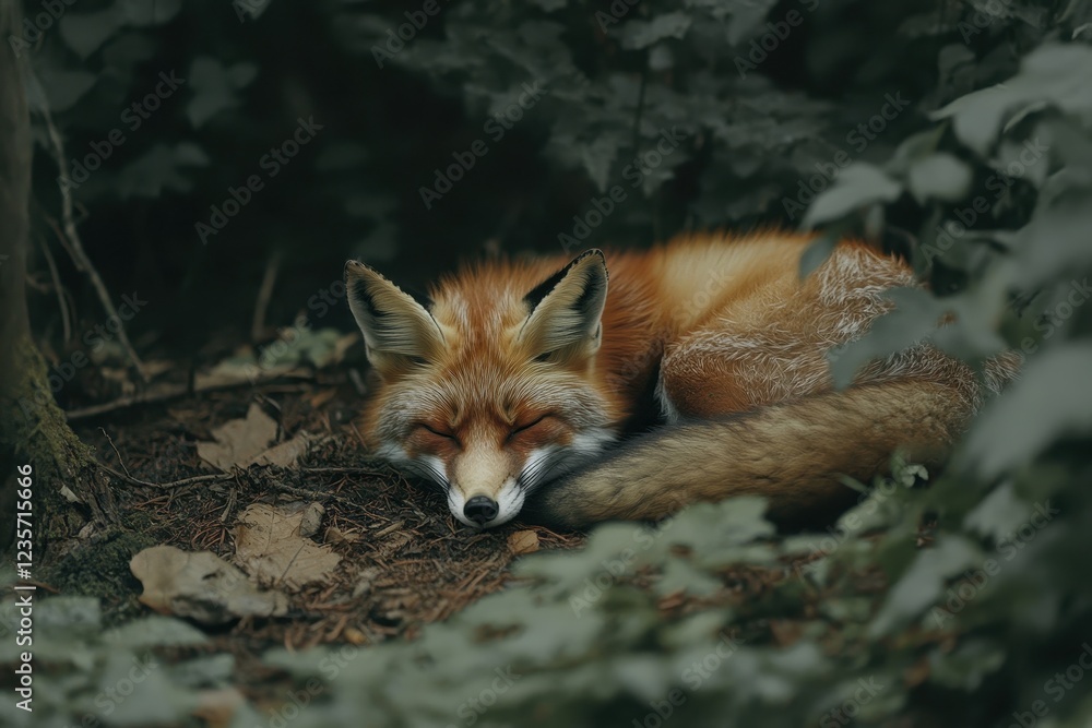 Red fox resting peacefully among greenery in a forest setting during the day, A red fox lying on the ground is resting in the forest Red fox resting peacefully among greenery in a forest setting during the day, A red fox lying on the ground is resting in the forest
