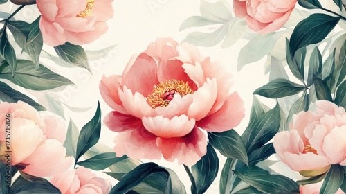 A captivating image of lush pink peony blossoms with vibrant green foliage, painted in delicate watercolors.