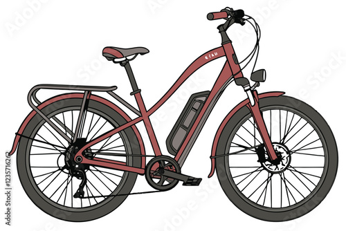 Electric bicycle, vibrant red frame, sleek design, battery-powered, urban commuter, disc brakes, wide tires, comfortable seat, rear rack, modern transportation, eco-friendly vehicle, sporty appearance