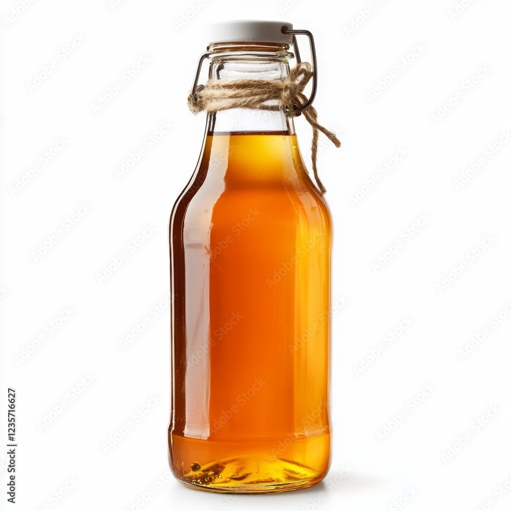 Glass bottle filled with amber honey liquid on a clean background showcasing natural sweetness and rustic charm