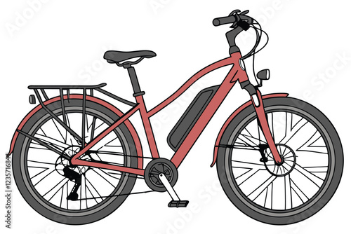 Electric bicycle, vibrant red frame, sleek design, battery-powered, urban commuter, disc brakes, wide tires, comfortable seat, rear rack, modern transportation, eco-friendly vehicle, sporty appearance