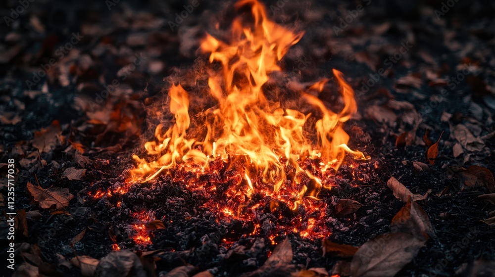 A fiery inferno consumes a bed of fallen leaves, casting a mesmerizing glow in the fading light, highlighting the raw power and beauty of nature's destructive force. A fiery inferno consumes a bed of fallen leaves, casting a mesmerizing glow in the fading light, highlighting the raw power and beauty of nature's destructive force.