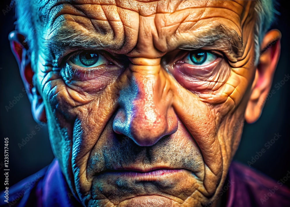 Complainer's face, close-up, detailed textures, AI photography. Complainer's face, close-up, detailed textures, AI photography.