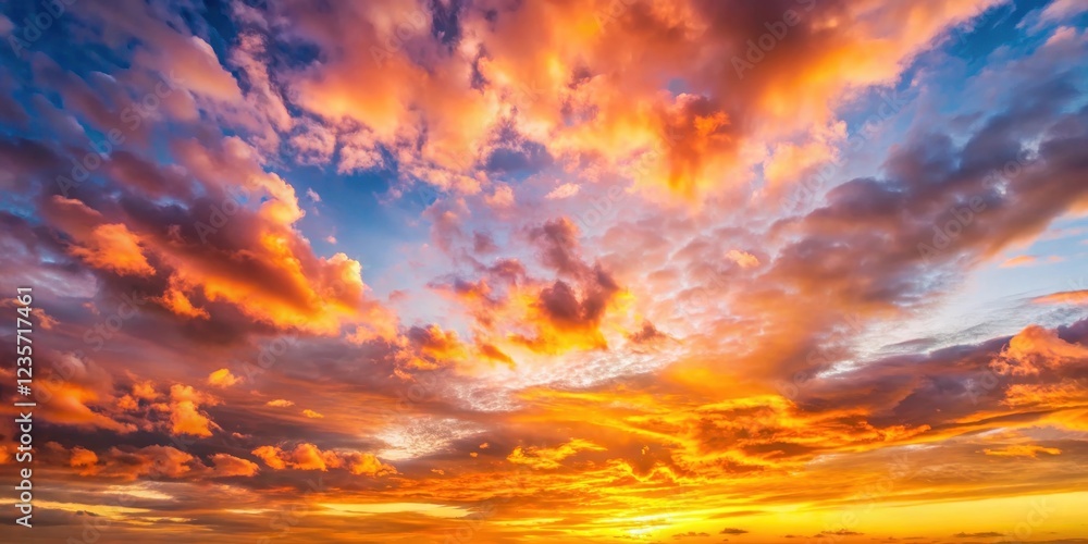 Fototapeta premium Vibrant dawn sky with fluffy white clouds in shades of pink and orange amidst a warm golden light , morning light