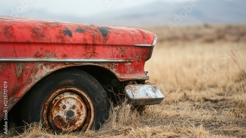 A vintage red car, its once vibrant paint now faded and chipped, sits abandoned in a field, a testament to time's relentless march and the beauty found in decay. The rust.