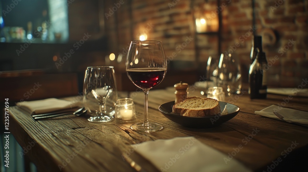 Fototapeta premium Romantic rustic restaurant dinner, red wine, candlelight, brick wall