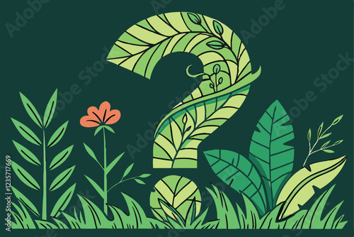 Nature-inspired typography, question mark shape made of leaves and foliage, green botanical design, eco-friendly concept, 3D plant sculpture, creative environmental message, living art installation, v