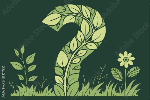 Nature-inspired typography, question mark shape made of leaves and foliage, green botanical design, eco-friendly concept, 3D plant sculpture, creative environmental message, living art installation, v