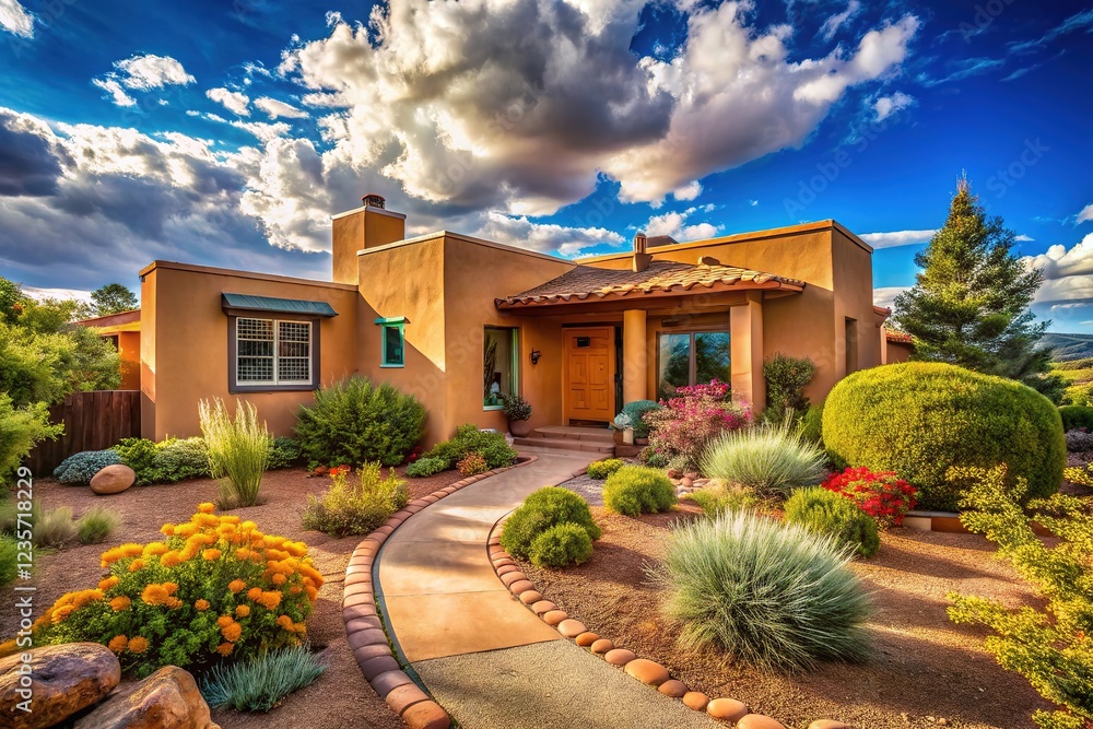 Naklejka premium Candid photo of a single-family adobe home in Santa Fe, NM.