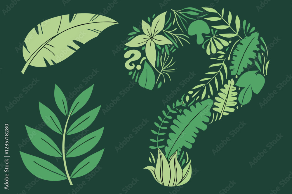 Fototapeta premium Nature-inspired typography, question mark shape made of leaves and foliage, green botanical design, eco-friendly concept, 3D plant sculpture, creative environmental message, living art installation, v
