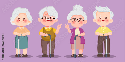 Cute cartoon group of happy elderly people character design. Grandparents day. Elderly or senior character. Vector premium.