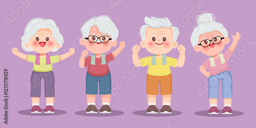 Cute cartoon group of happy elderly people exercising together. Grandparents day. Elderly or senior character. Vector premium.