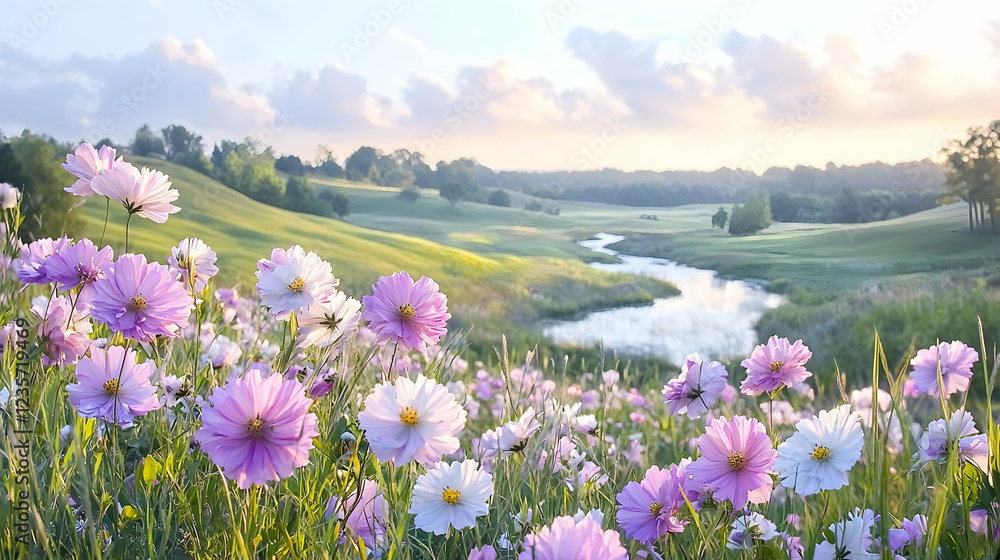 Serene sunrise over rolling hills, river, and cosmos flowers Serene sunrise over rolling hills, river, and cosmos flowers