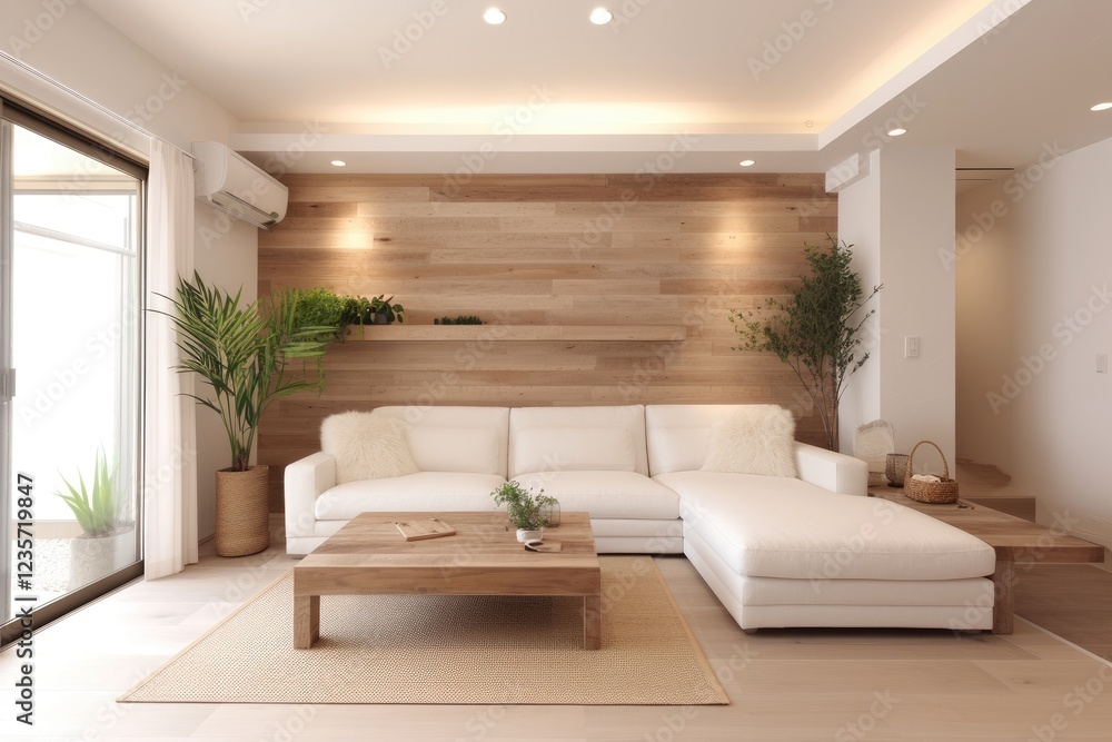 Fototapeta premium Bright Minimalist Living Room with White Sectional Sofa and Wood Wall