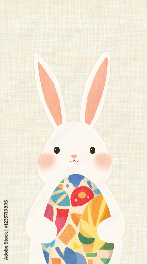 Obraz premium Cute bunny holding colorful egg, showcasing playful and cheerful expression. Perfect for spring themes