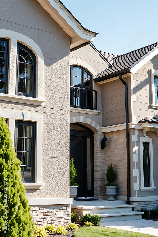 Luxury Home Exterior: Modern Architectural Design, Brick and Stone Facade, Spacious Entrance Luxury Home Exterior: Modern Architectural Design, Brick and Stone Facade, Spacious Entrance