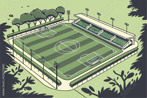 Aerial view of soccer field, vibrant green grass, white field markings, goalposts, surrounding trees, stadium seats, symmetrical layout, high contrast, crisp details, drone photography, sports venue, 