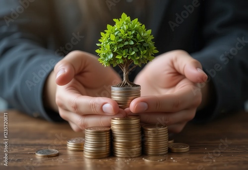 Hands holding plants over coins symbolize financial growth and success. photo