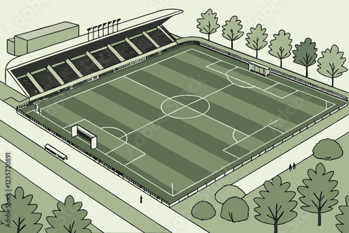 Aerial view of soccer field, vibrant green grass, white field markings, goalposts, surrounding trees, stadium seats, symmetrical layout, high contrast, crisp details, drone photography, sports venue, 