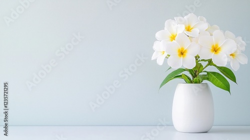 Wallpaper Mural White Plumeria flowers in vase, light blue wall background, calm, peaceful atmosphere, ideal for greeting cards Torontodigital.ca