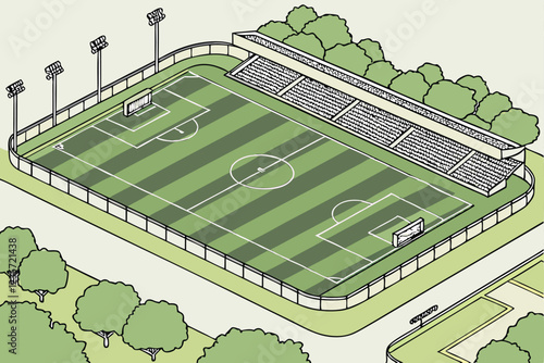 Aerial view of soccer field, vibrant green grass, white field markings, goalposts, surrounding trees, stadium seats, symmetrical layout, high contrast, crisp details, drone photography, sports venue, 