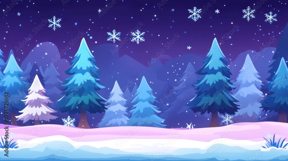 Fototapeta premium Snowy night forest game background
