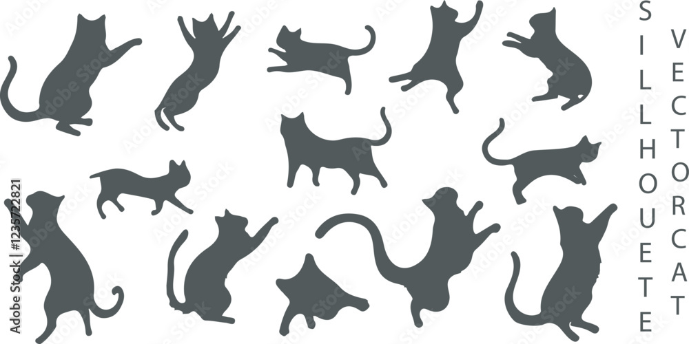 Obraz premium Flat style vector illustration of cats in various dynamic poses such as jumping, sitting and dancing. This minimalist design is ideal for print decor, social media, or cat-themed wallpaper.