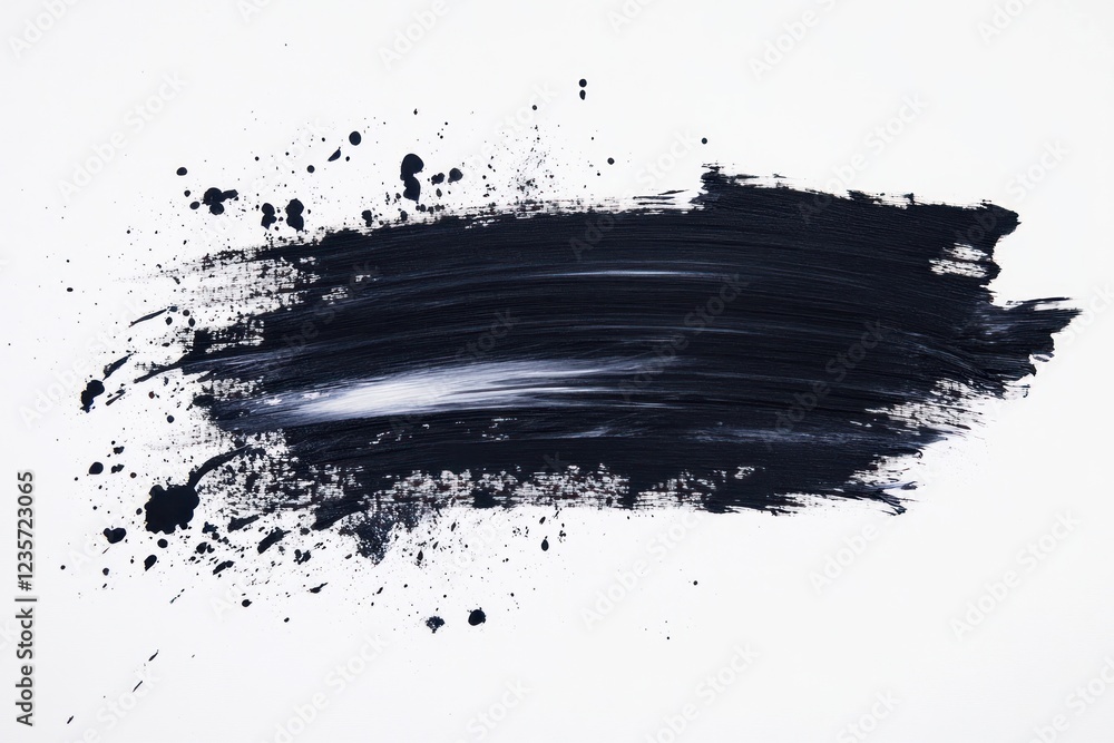 Dark paintbrush stroke, texture, white background, splatters, design element Dark paintbrush stroke, texture, white background, splatters, design element