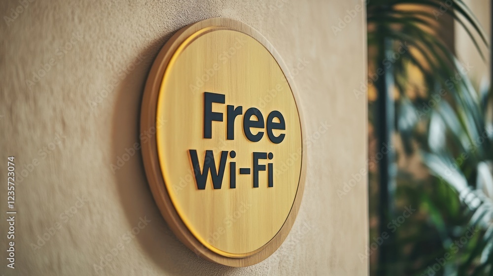 Obraz premium Free Wi-Fi sign on beige wall, plants blurred background, cafe internet access