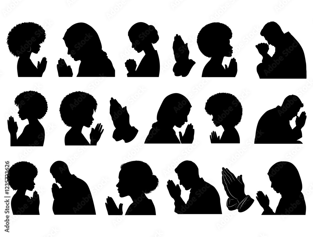 PRAYING SILHOUETTE ON WHITE BACKGROUND PRAYING SILHOUETTE ON WHITE BACKGROUND