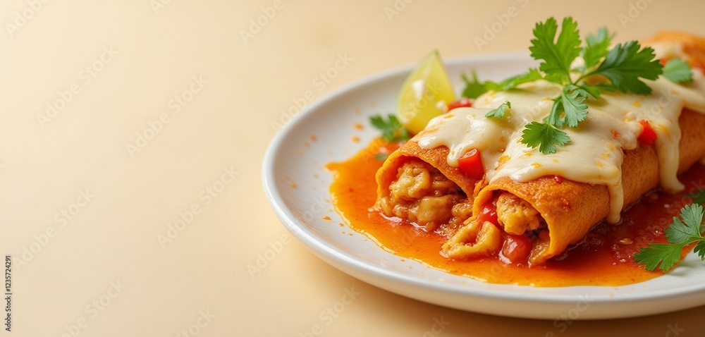 Delicious Chicken Enchiladas Baked with Melted Cheese on Plate Delicious Chicken Enchiladas Baked with Melted Cheese on Plate