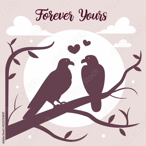  happy VALENTINS DAY, "Two lovebirds sitting on a branch in silhouette with 'Forever Yours' written in a dreamy font.