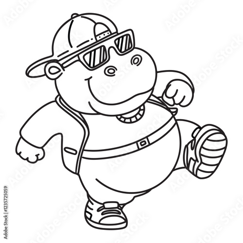 Line art of the rapper hippo dancing happily cartoon vector